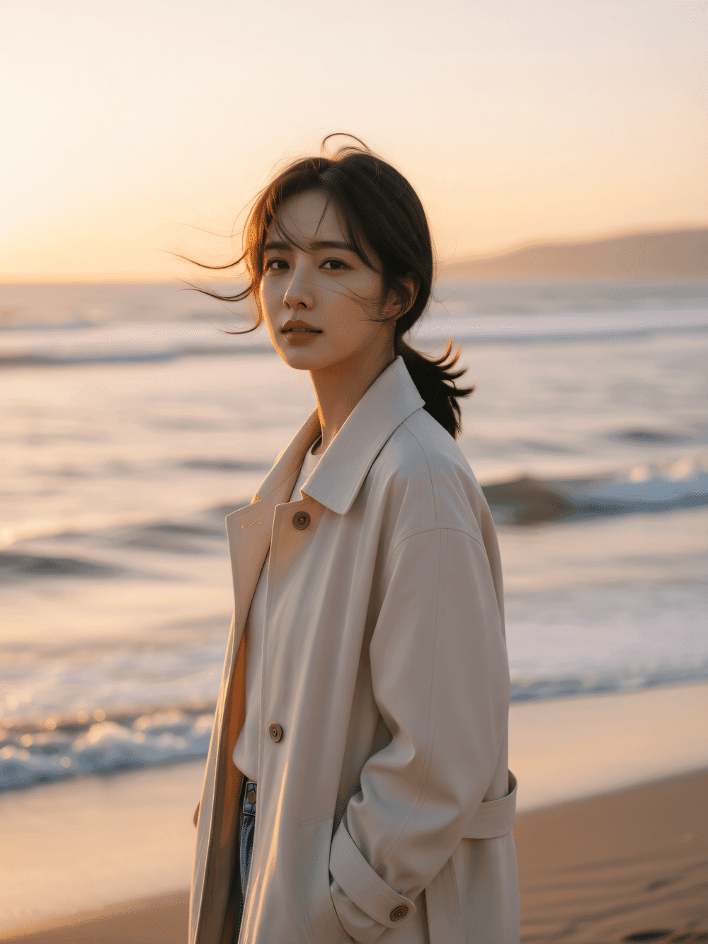 Seaside Golden Hour Windy Portrait|Ocean Sunset Glow - after